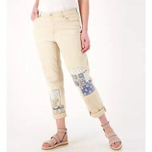 LOGO Lori Goldstein Jeans 6 Boyfriend Twill Patchwork Denim Cream Mid Rise